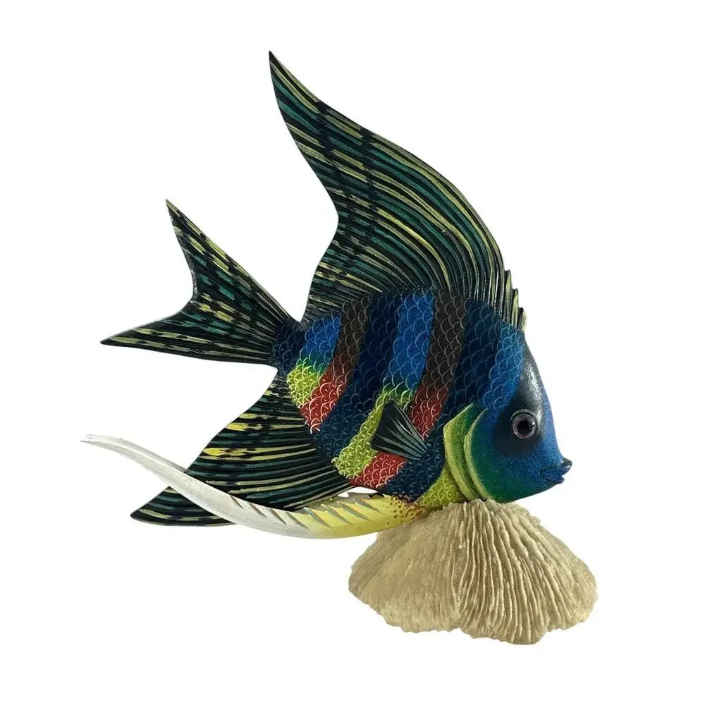 Vintage Nature Crafts Hand Painted Wood Angelfish Sculpture Coral Base 9”